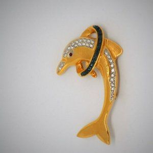 Vintage Butler Dolphin with Hoop  Costume Jewelry Brooch